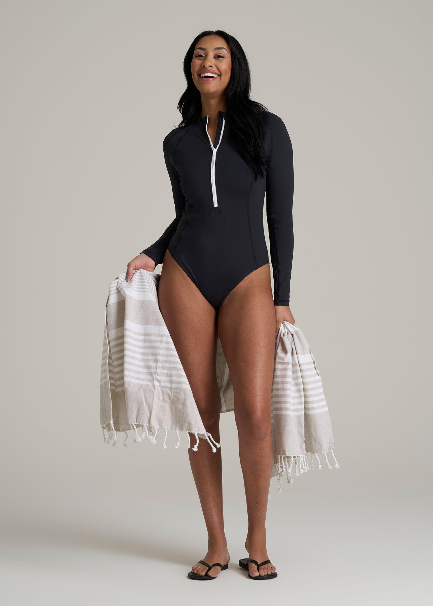 Long Sleeve UPF 50 One Piece Swimsuit for Tall Women in Black Product Image
