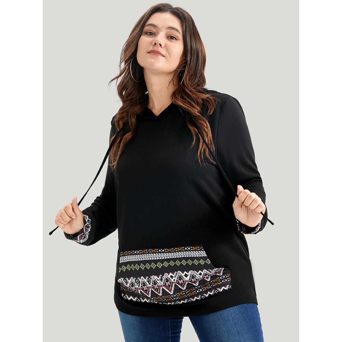 Plus Size Geometric Print Pocket Drawstring Hooded Sweatshirt Women Black Vacation Patchwork Hooded Dailywear Sweatshirts BloomChic 12/L Product Image