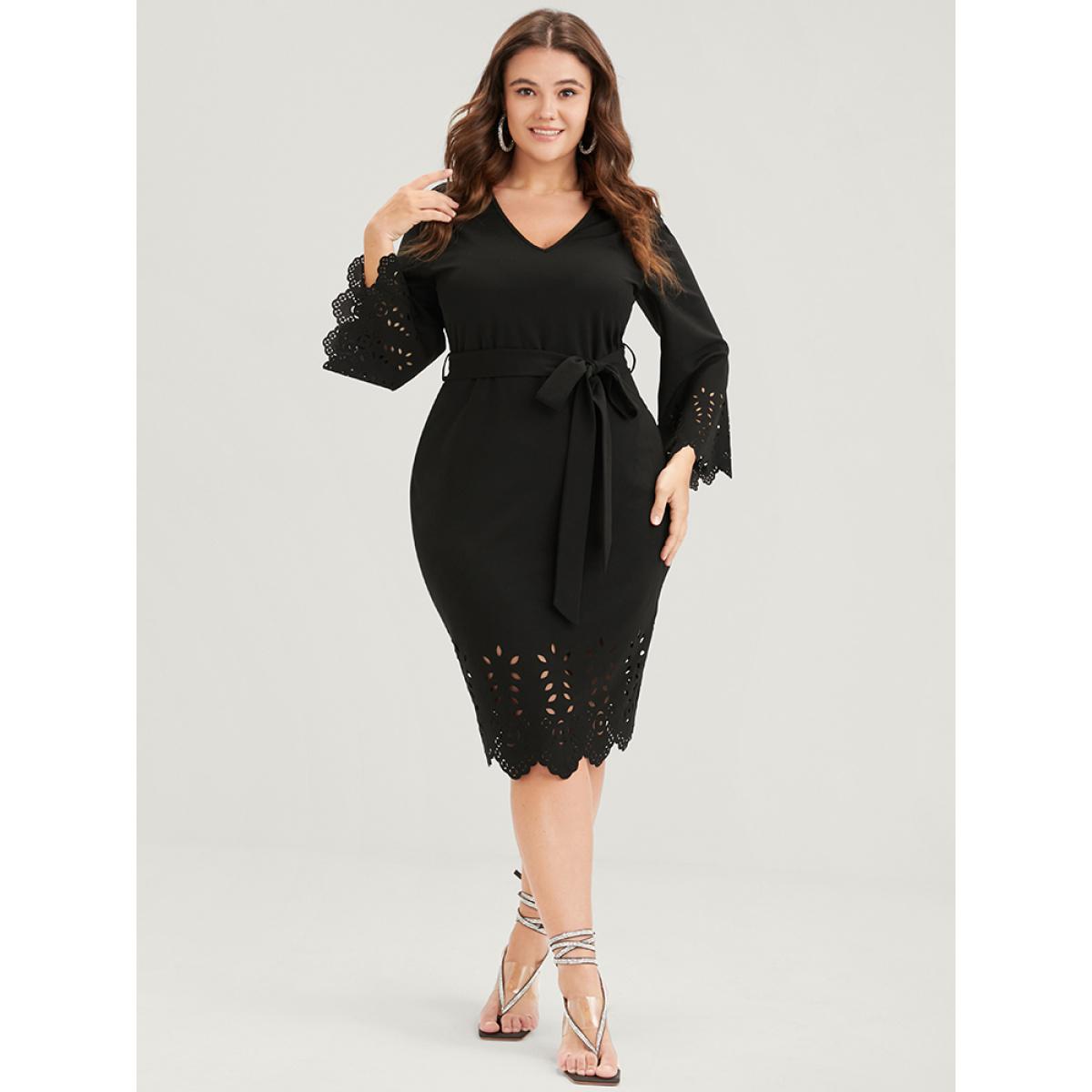 Plus Size Solid Laser Cut Bell Sleeve Belted Knee Dress Black Women Glamour Plain V-neck Elbow-length sleeve Curvy Knee Dress BloomChic 10/M Product Image