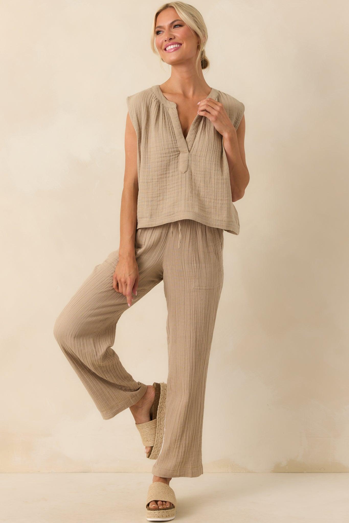 Z Supply Tan Cotton Plaza Airy Gauze Ankle Pants Product Image