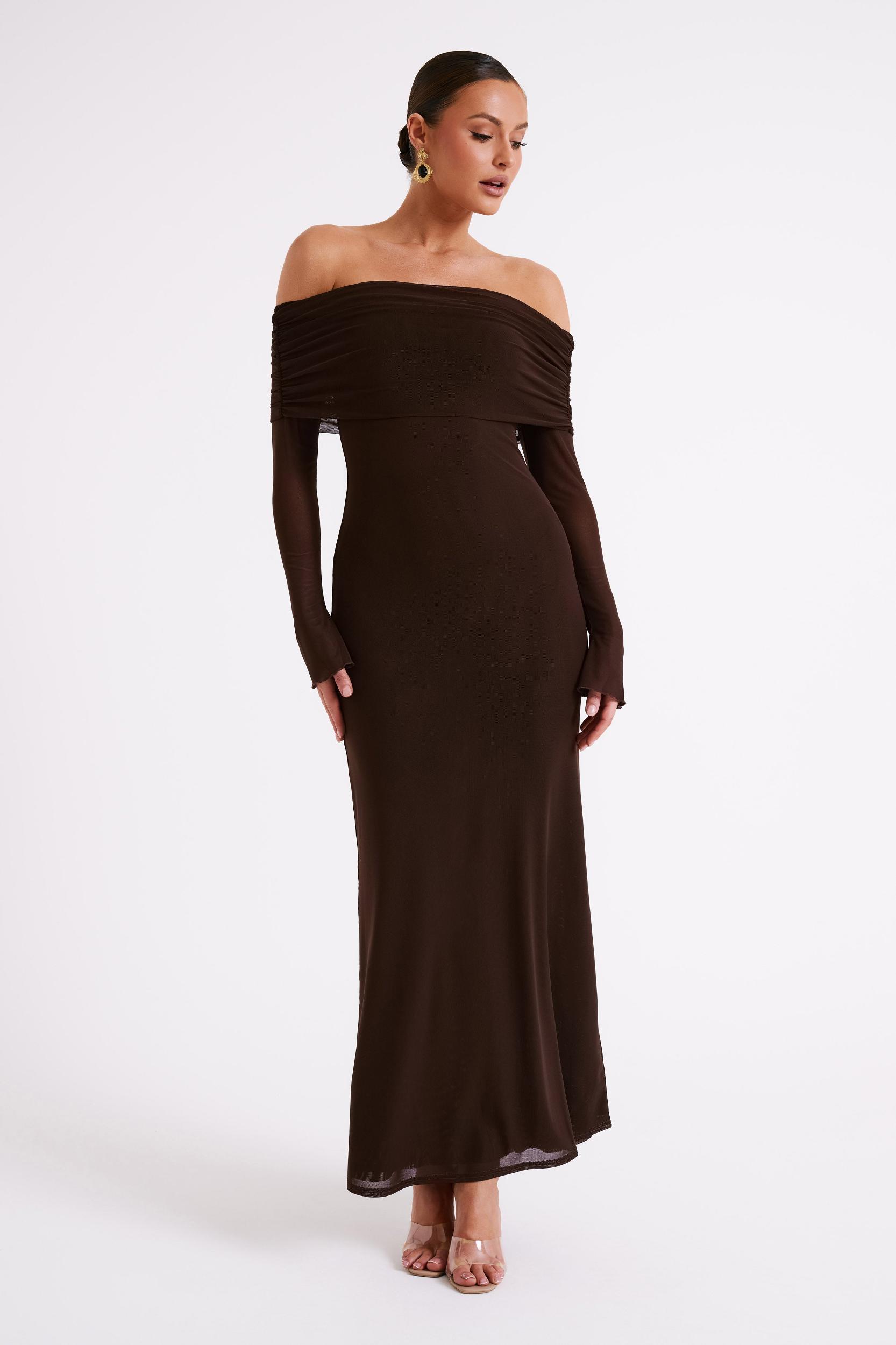 Josie Off Shoulder Mesh Maxi Dress - Dark Brown Product Image