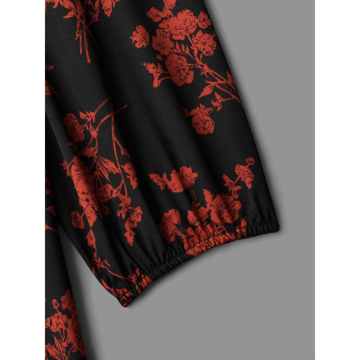 Plus Size Silhouette Floral Print Notched Dress Black Women Elegant Non Notched collar Long Sleeve Curvy BloomChic 30/6X Product Image