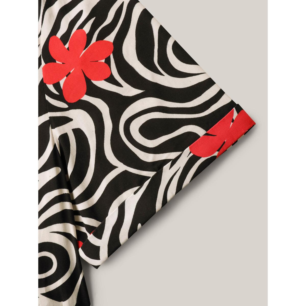 Plus Size Ribbon Collar Floral Print Contrast Midi Dress Black Women V-neck Short sleeve Curvy BloomChic 12/L Product Image