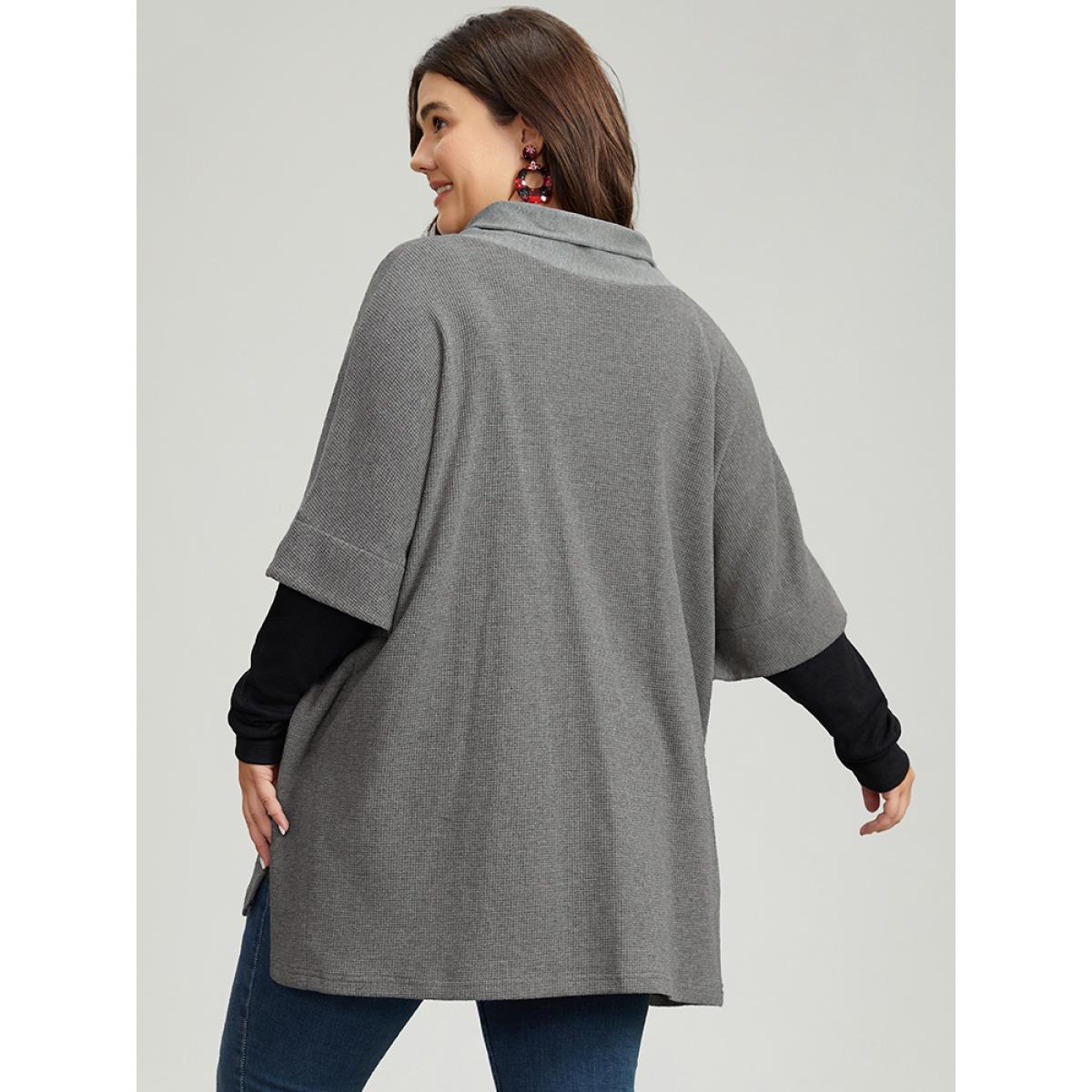 Plus Size Waffle Knit Batwing Sleeve Lapel Collar Sweatshirt Women Gray Casual Patchwork Lapel Collar Dailywear Sweatshirts BloomChic 28/5X Product Image