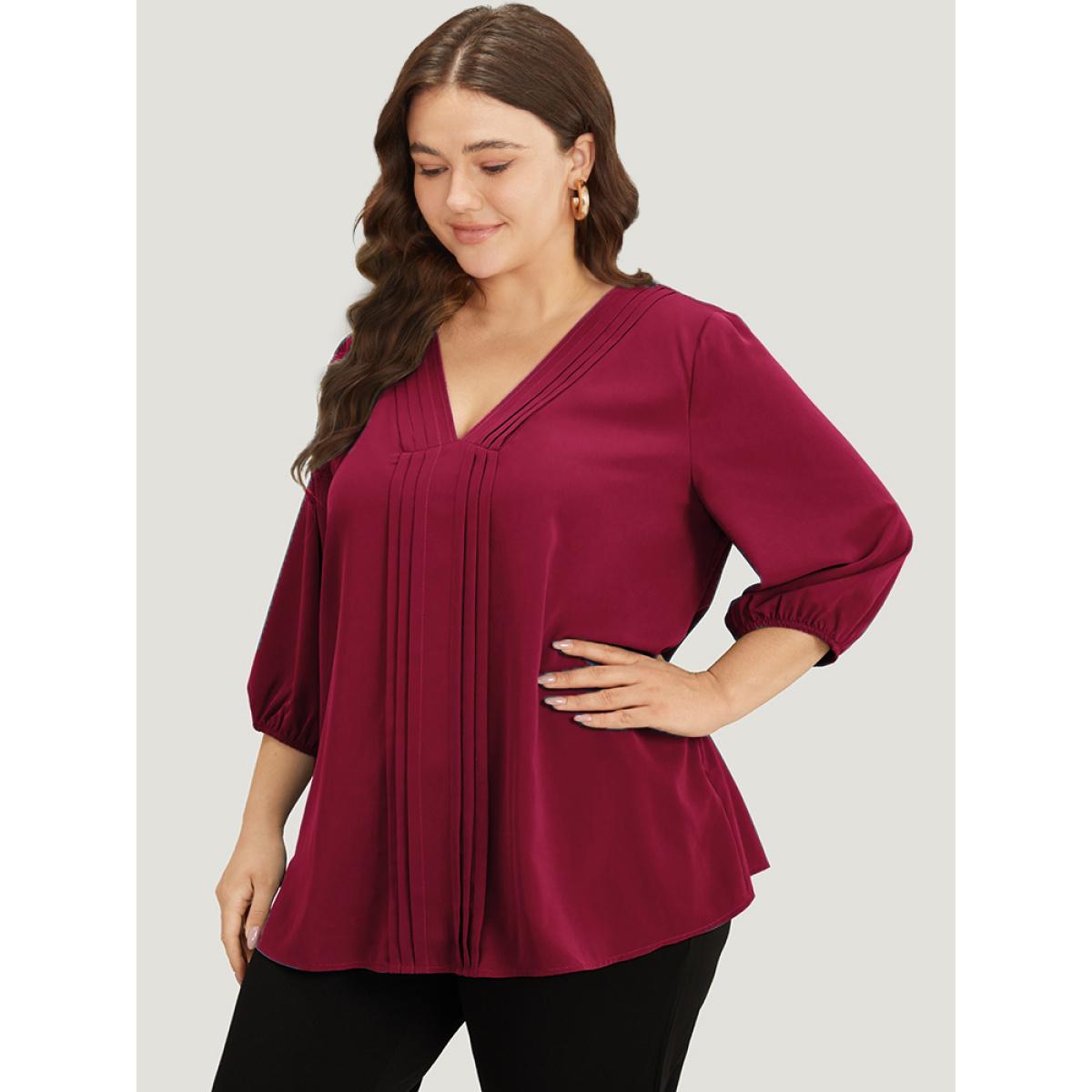 Plus Size Scarlet Plain Pleated Detail Elastic Cuffs V Neck Blouse Women Office Elbow-length sleeve V-neck Work Blouses BloomChic 18-20/2X Product Image
