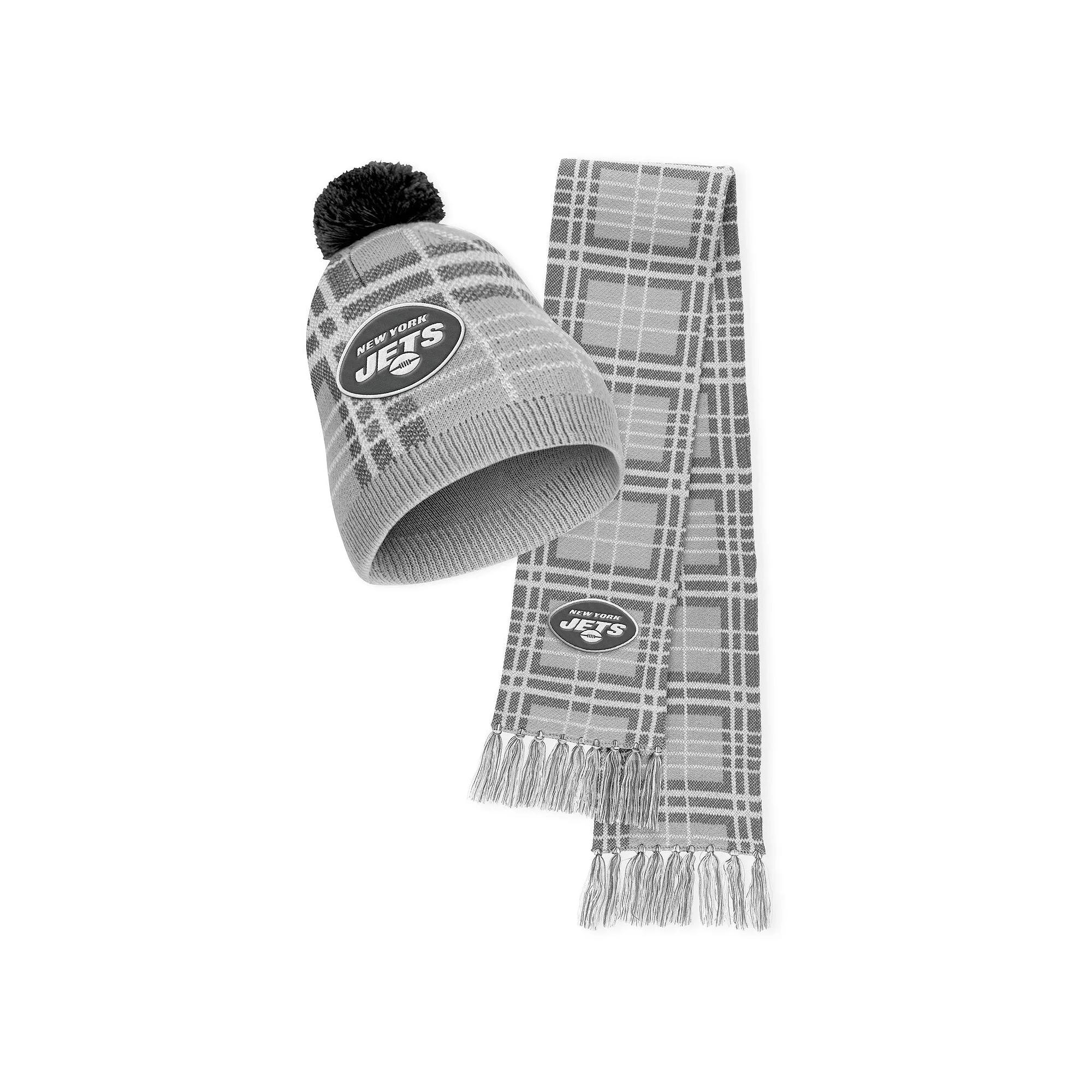 Women's WEAR by Erin Andrews New York Jets Plaid Knit Hat with Pom & Scarf Set, Grey Product Image