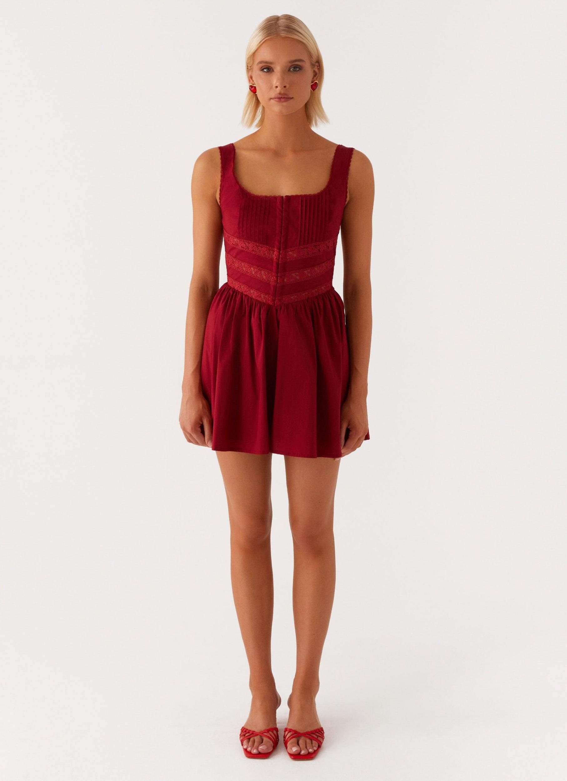 Eleanor Lace Trim Mini Dress - Red Product Image