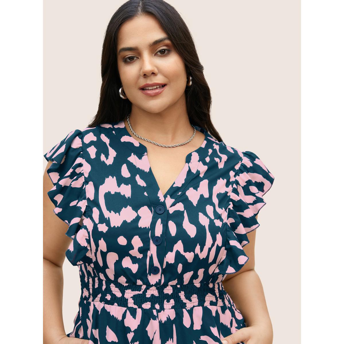 Plus Size Notched Leopard Print Cap Sleeve Ruffles Dress Aegean Women Office Notched collar Cap Sleeve Curvy BloomChic 12/L Product Image