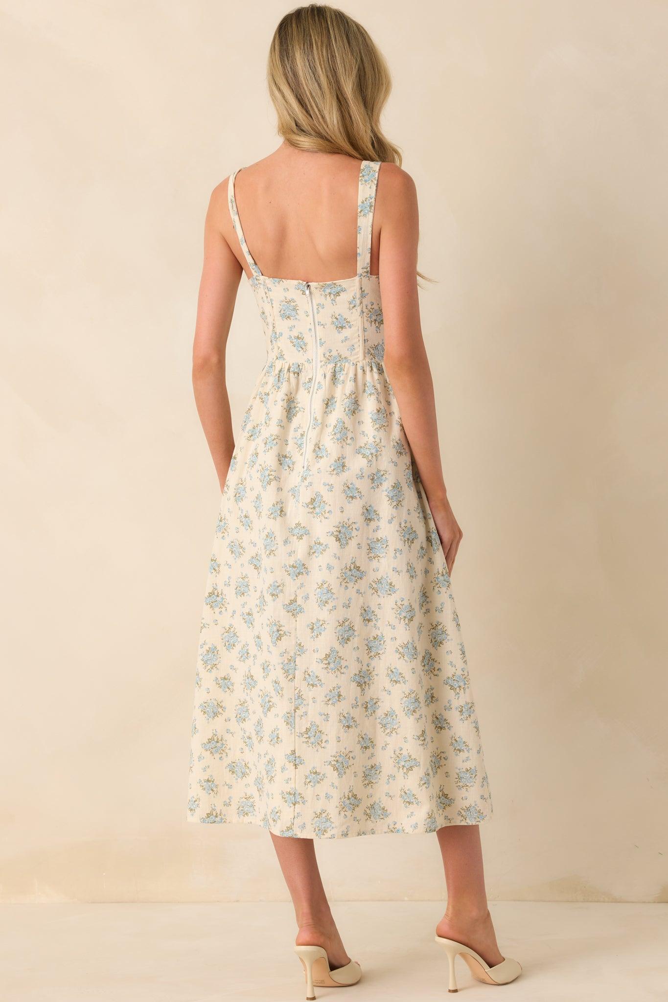 Elegance With Edge Light Blue Floral Print Cotton Midi Dress Product Image