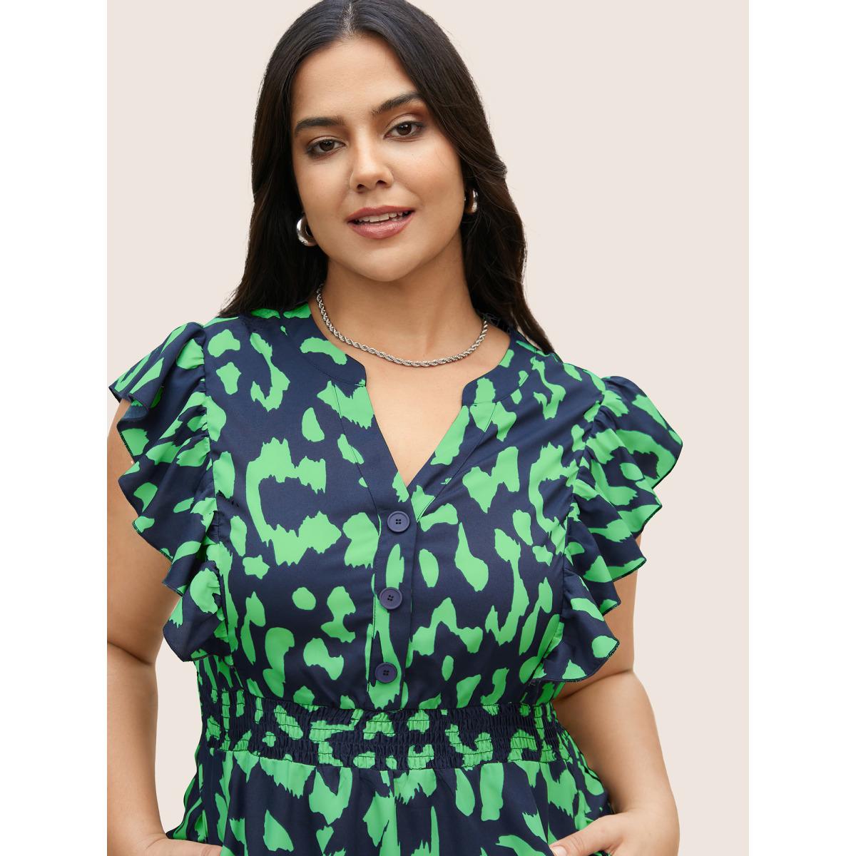 Plus Size Notched Leopard Print Cap Sleeve Ruffles Dress Truegreen Women At the Office Notched collar Cap Sleeve Curvy BloomChic 12/L Product Image