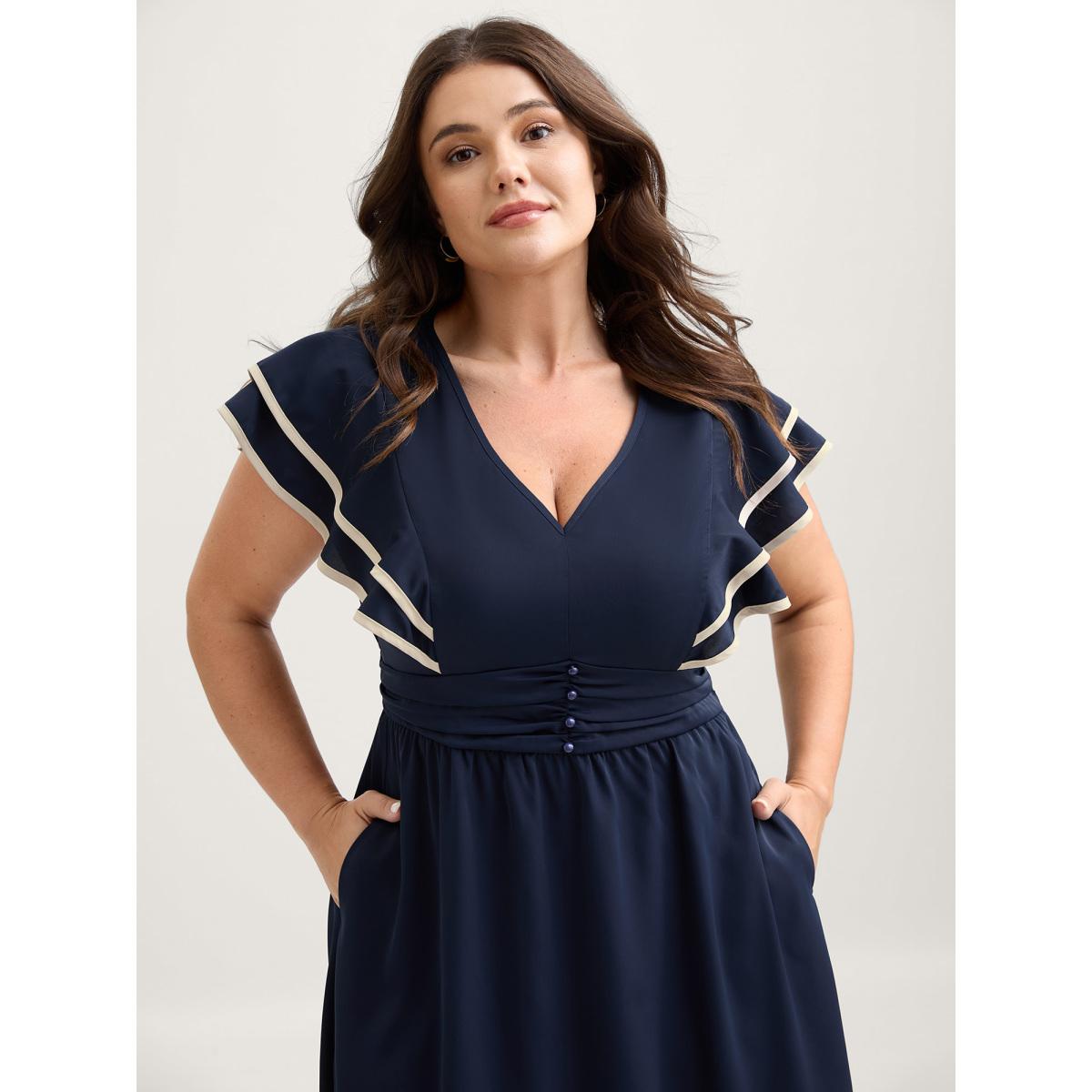 Plus Size Color Contrast Pleated Cinched Waist Midi Dress DarkBlue Women V-neck Short sleeve Curvy BloomChic 26/4X Product Image