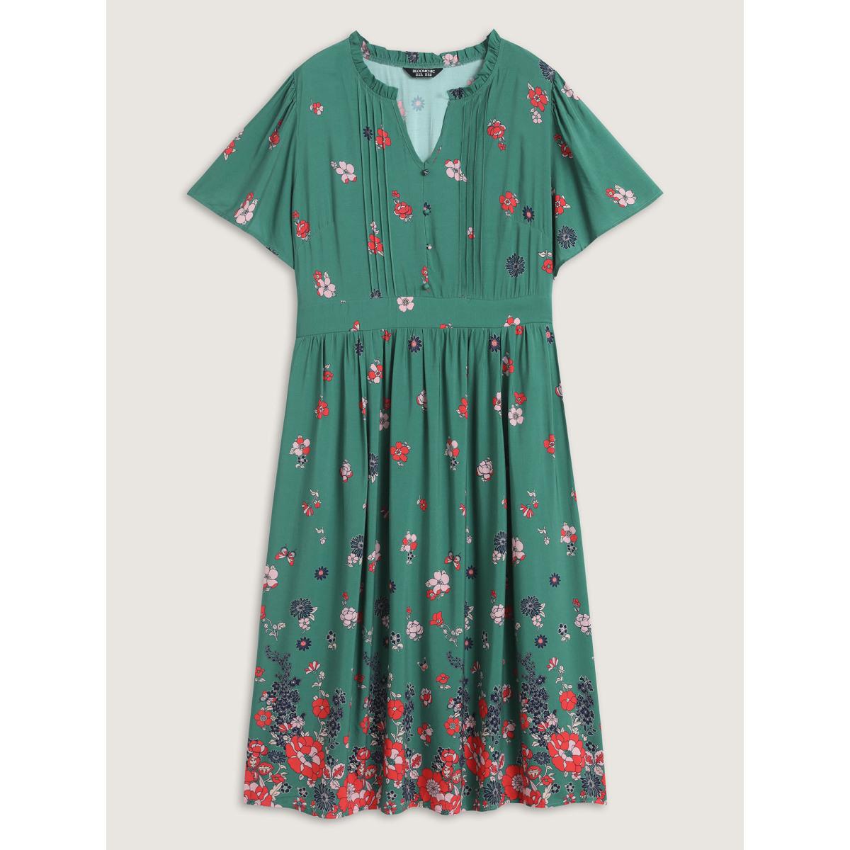 Plus Size Floral Pleated Notched Collar Midi Dress Emerald Women Flat collar with V-notch Short sleeve Curvy BloomChic 22-24/3X Product Image