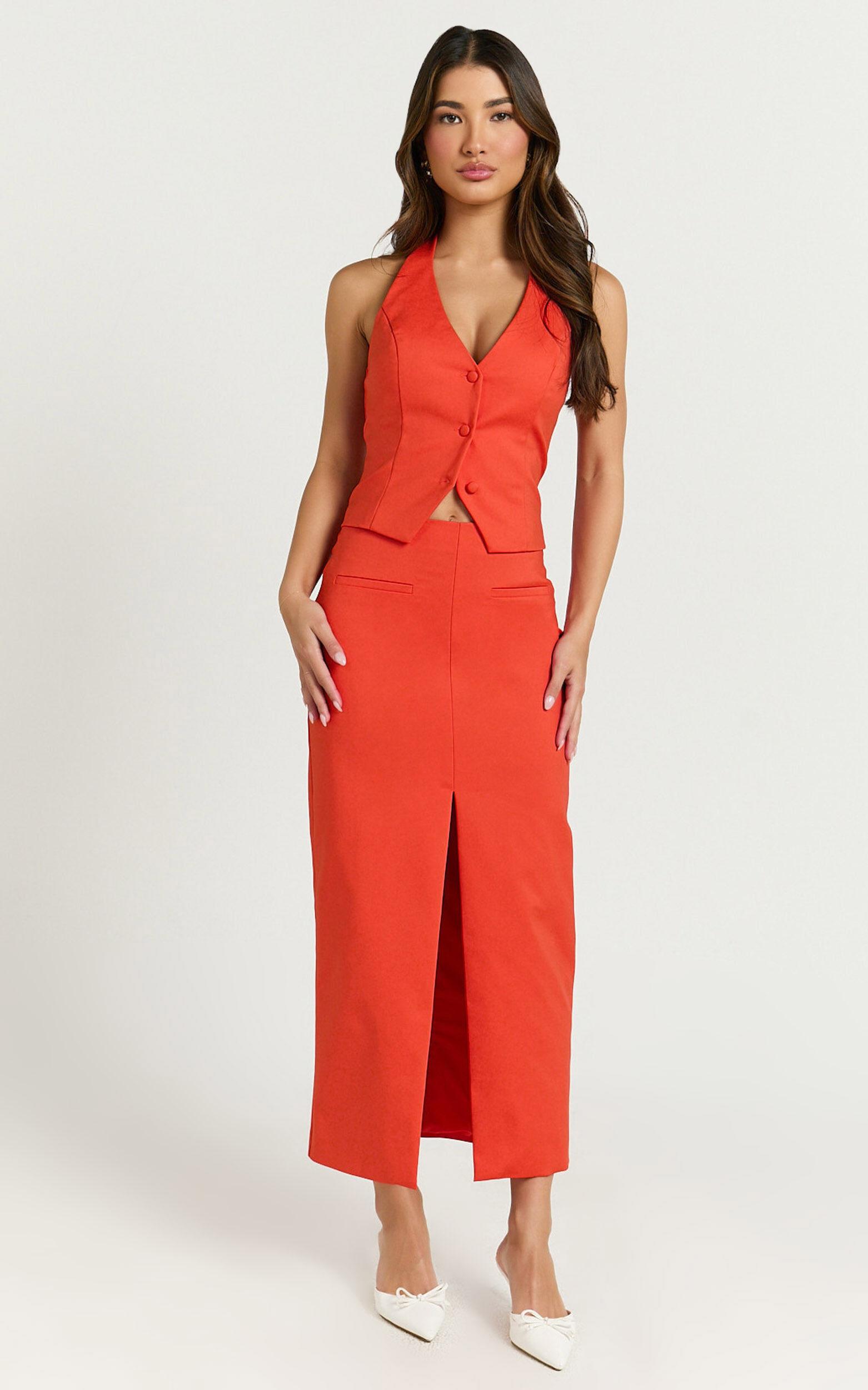 Kai Midi Skirt - Mid Waisted Front Split Fitted Skirt in Orange Product Image