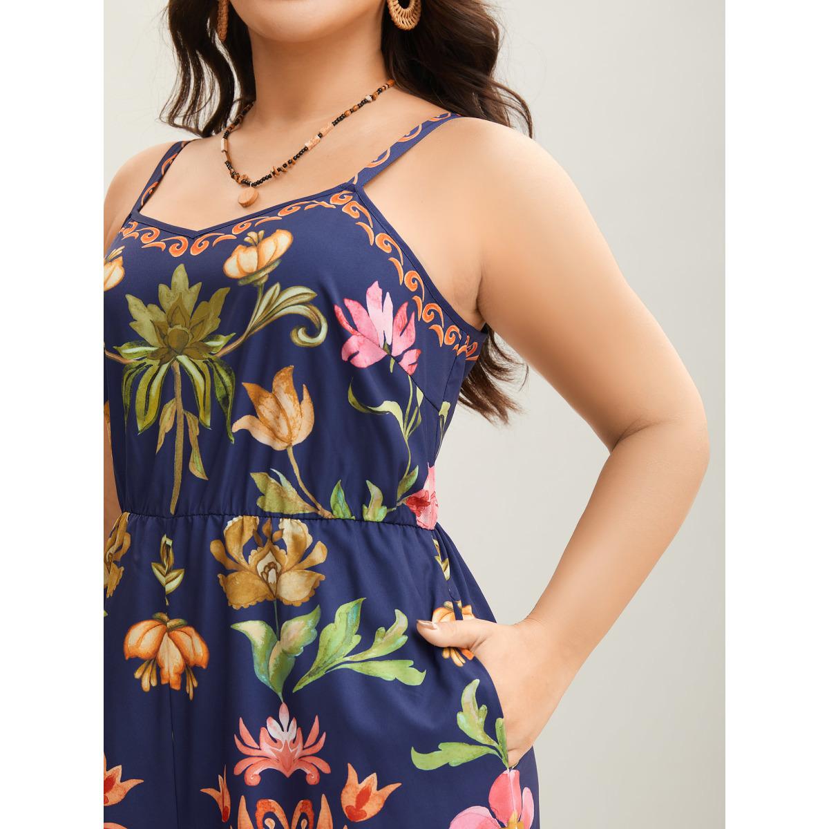 Plus Size DarkBlue Tropical Flowers Print Pockets Cami Jumpsuit Women Resort Sleeveless V-neck Vacation Loose Jumpsuits BloomChic 30/6X Product Image