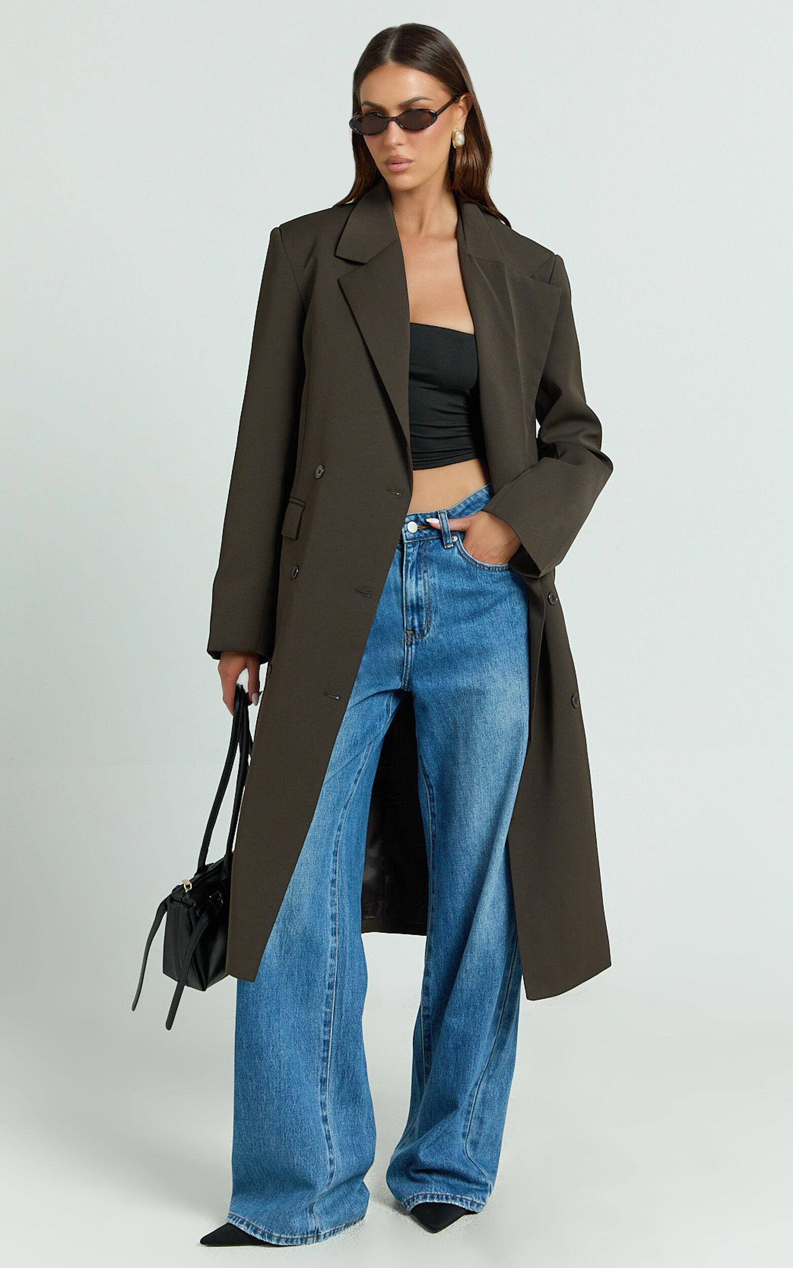 Lorena Coat - Double Breasted Longline Jacket in Dark Brown Product Image