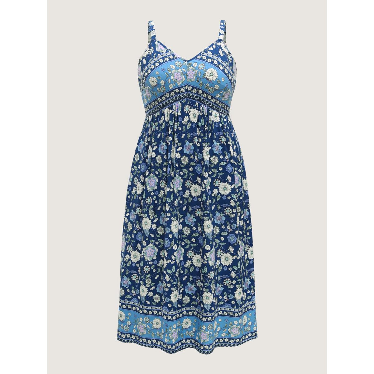 Plus Size Floral Print Contrast Cami Midi Dress Navy Women V-neck Sleeveless Curvy BloomChic 22-24/3X Product Image