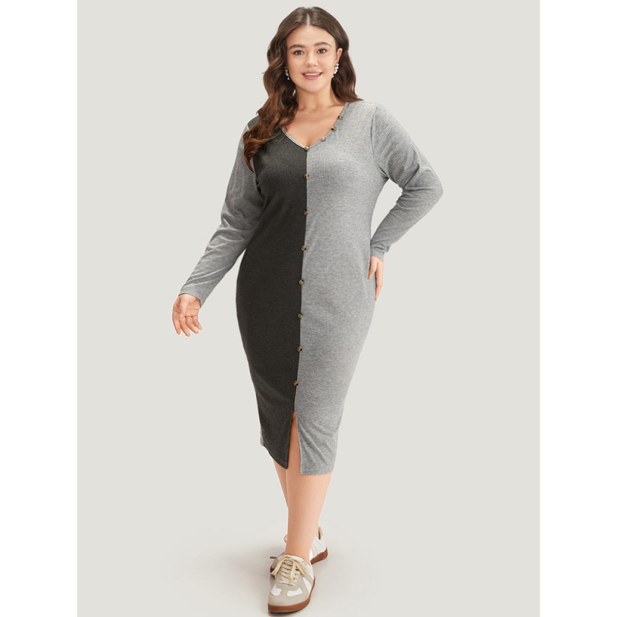 Plus Size Two Tone V Neck Button Detail Split Front Dress LightGray Women Casual Plain V-neck Half Sleeve Curvy Midi Dress BloomChic 30/6X Product Image