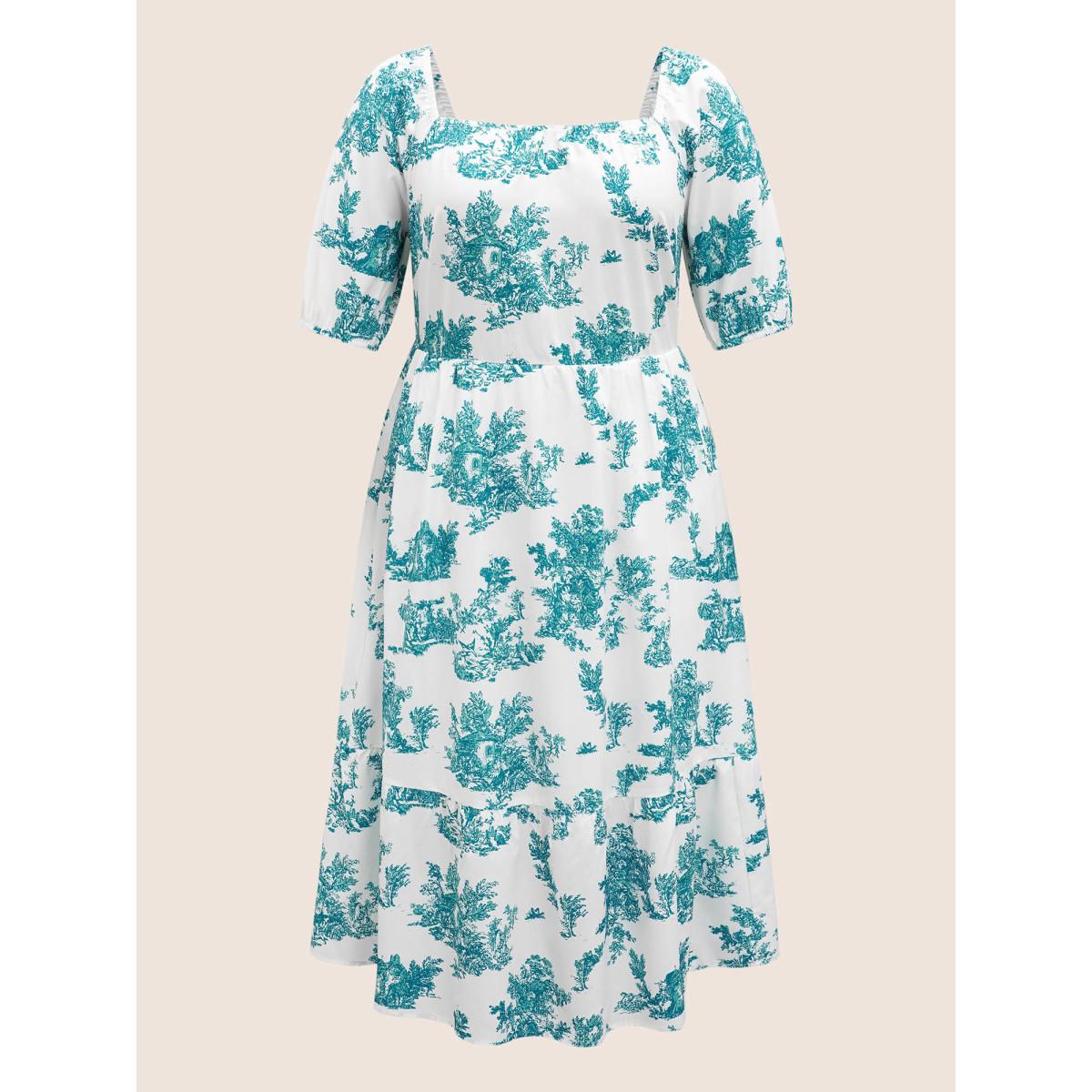 Plus Size Square Neck Floral Gathered Midi Dress Emerald Women Elegant Gathered Square Neck Half Sleeve Curvy BloomChic 30/6X Product Image