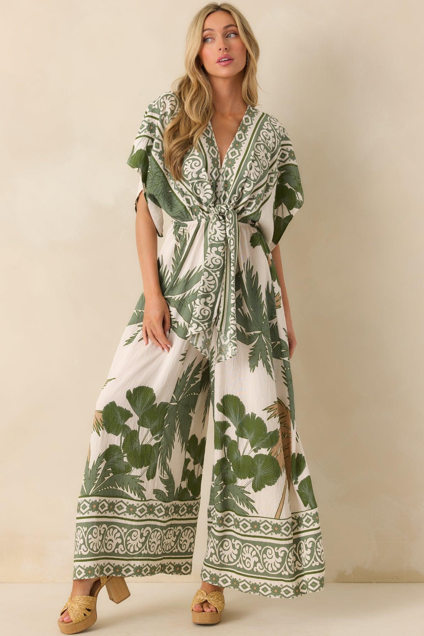 Leave Them Guessing Green Multi Tropical Print Jumpsuit Product Image