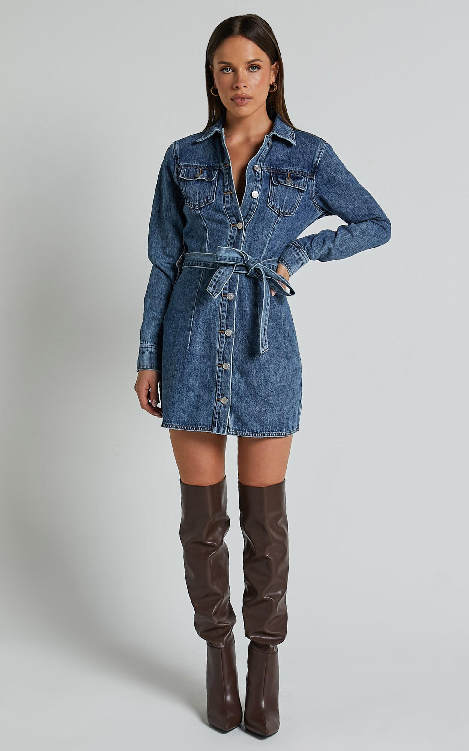 Enriquetta Mini Dress - Cotton Denim Long Sleeve Button Up Dress in Blue Product Image