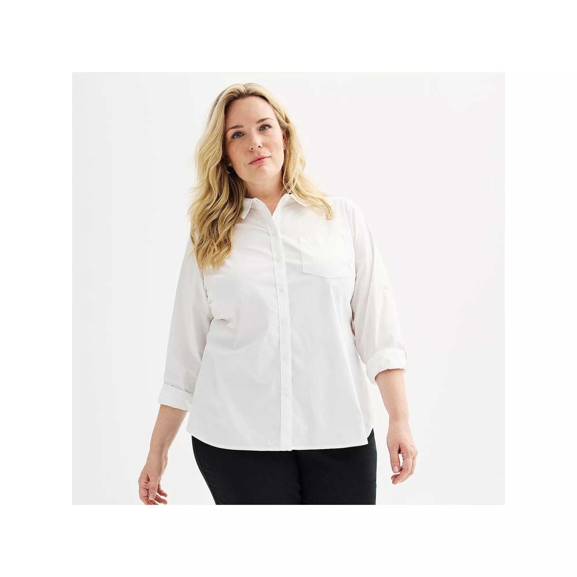 Plus Size Croft & Barrow® Essential One Pocket Button Down Shirt, Women's, Size: 0X, White Product Image