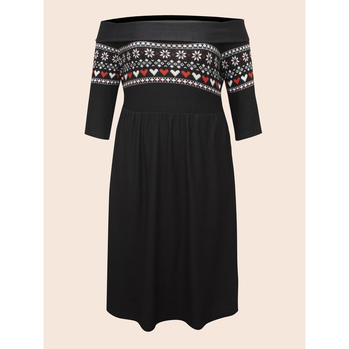 Plus Size Geometric Off Shoulder Neck Midi Dress Black Women Elegant Non One-shoulder neck Elbow-length sleeve Curvy BloomChic 10/M Product Image