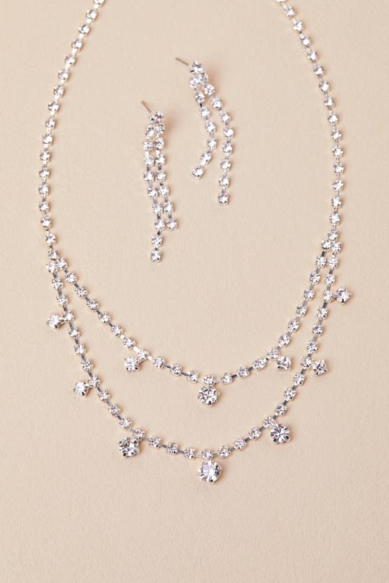 Ameliana Silver Rhinestone Necklace and Earring Set Product Image