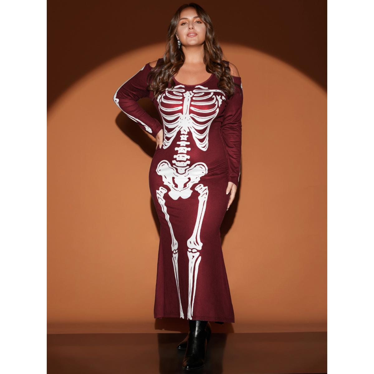 Plus Size Halloween Skeleton Print Cold Shoulder Split Hem Maxi Dress Burgundy Women Casual Printed Cold Shoulder Long Sleeve Curvy Long Dress BloomChic 12/L Product Image