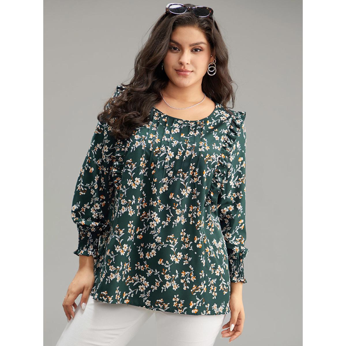 Plus Size DarkGreen Ditsy Floral Shirred Cuffs Frill Trim Blouse Women Elegant Long Sleeve Round Neck Dailywear Blouses BloomChic 26/4X Product Image
