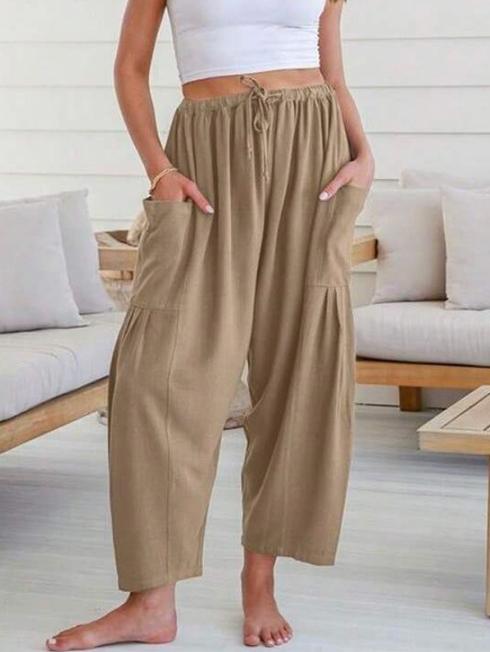 Column Loose Elasticity Pockets Solid Color Casual Pants Bottoms Trousers Product Image