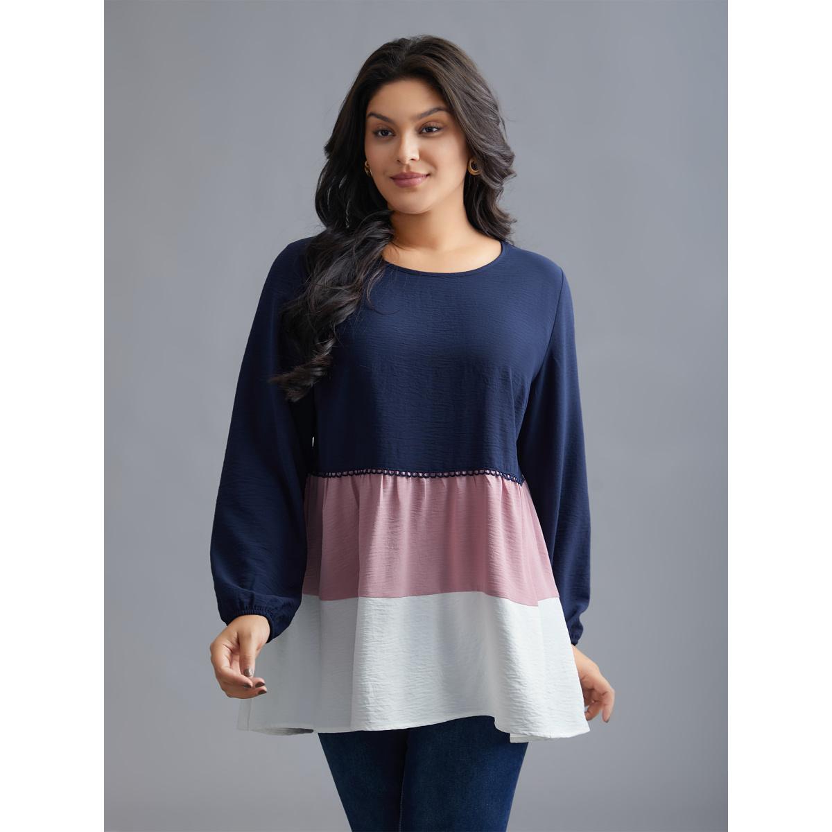 Plus Size Indigo Color Contrast High Low Hem Patchwork Blouse Women Elegant Extra Long Sleeve Round Neck Everyday Blouses BloomChic 12/L Product Image