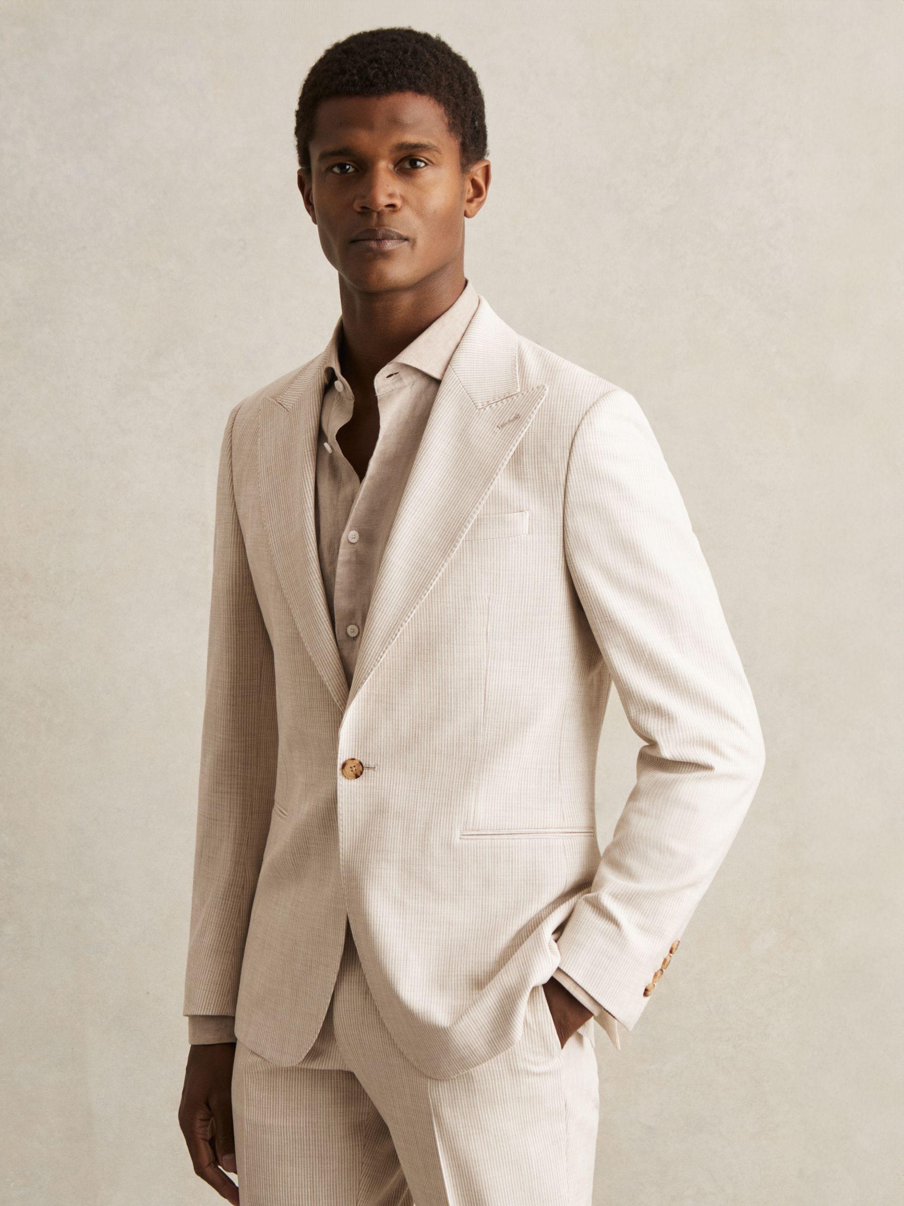 Slim Fit Single Breasted Pinstripe Suit Blazer in Oatmeal/White Product Image