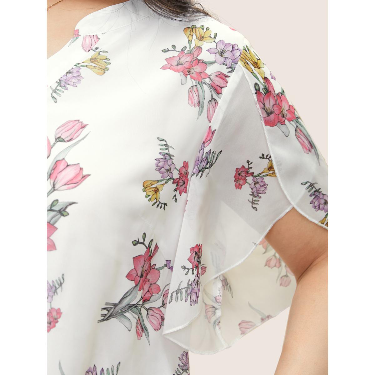 Plus Size White Floral Notched Mesh Petal Sleeve Blouse Women Elegant Everyday Blouses BloomChic 22-24/3X Product Image