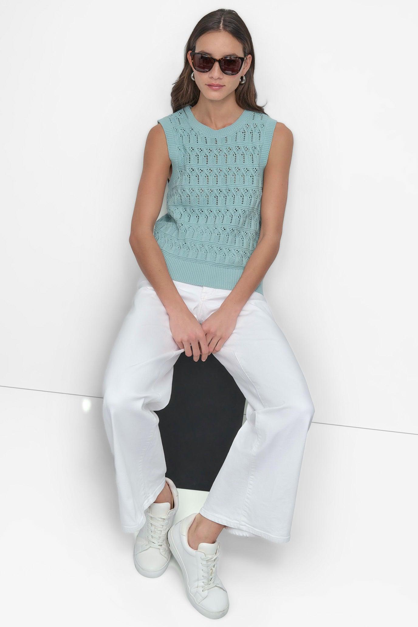 COTTON SLEEVLESS LACEY STITCH CREW NECK Product Image