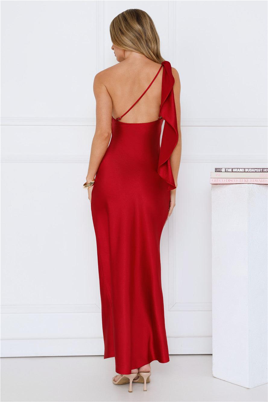 Romantic Tales Satin One Shoulder Maxi Dress Red Product Image