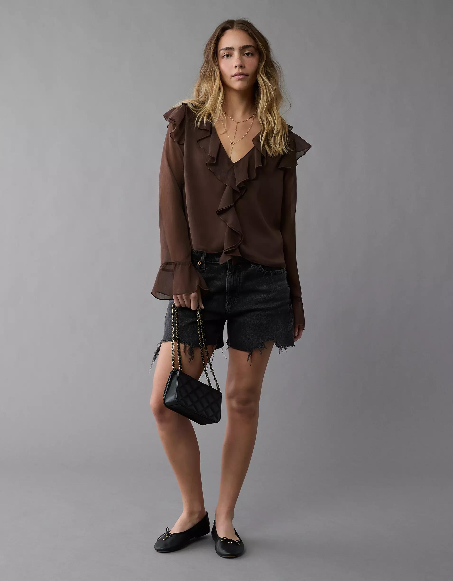 AE Chiffon Bell Sleeve Ruffle Blouse Product Image