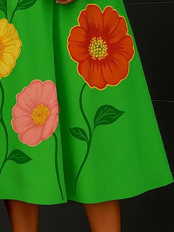 A-Line Loose Flower Print V-Neck Midi Dresses Product Image