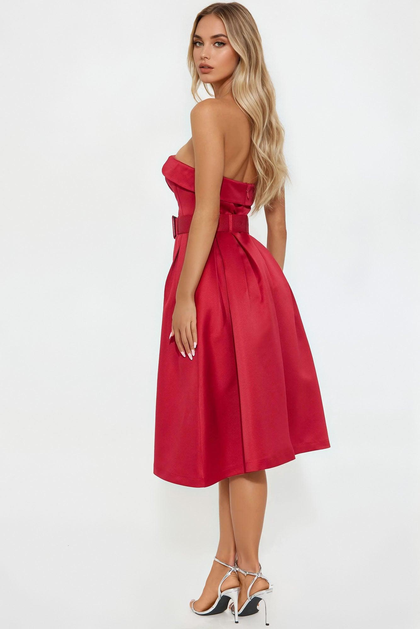 Arabella Belted Satin Midi Dress - Red Female Product Image