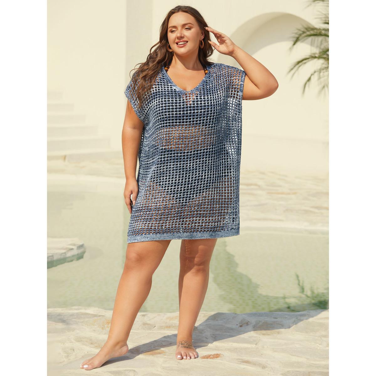 Plus Size Color Contrast Cut-Out Swim Cover-Up Women's Swimwear Indigo Beach Loose Texture Curve Swim Cover Ups BloomChic 18-20/2X Product Image
