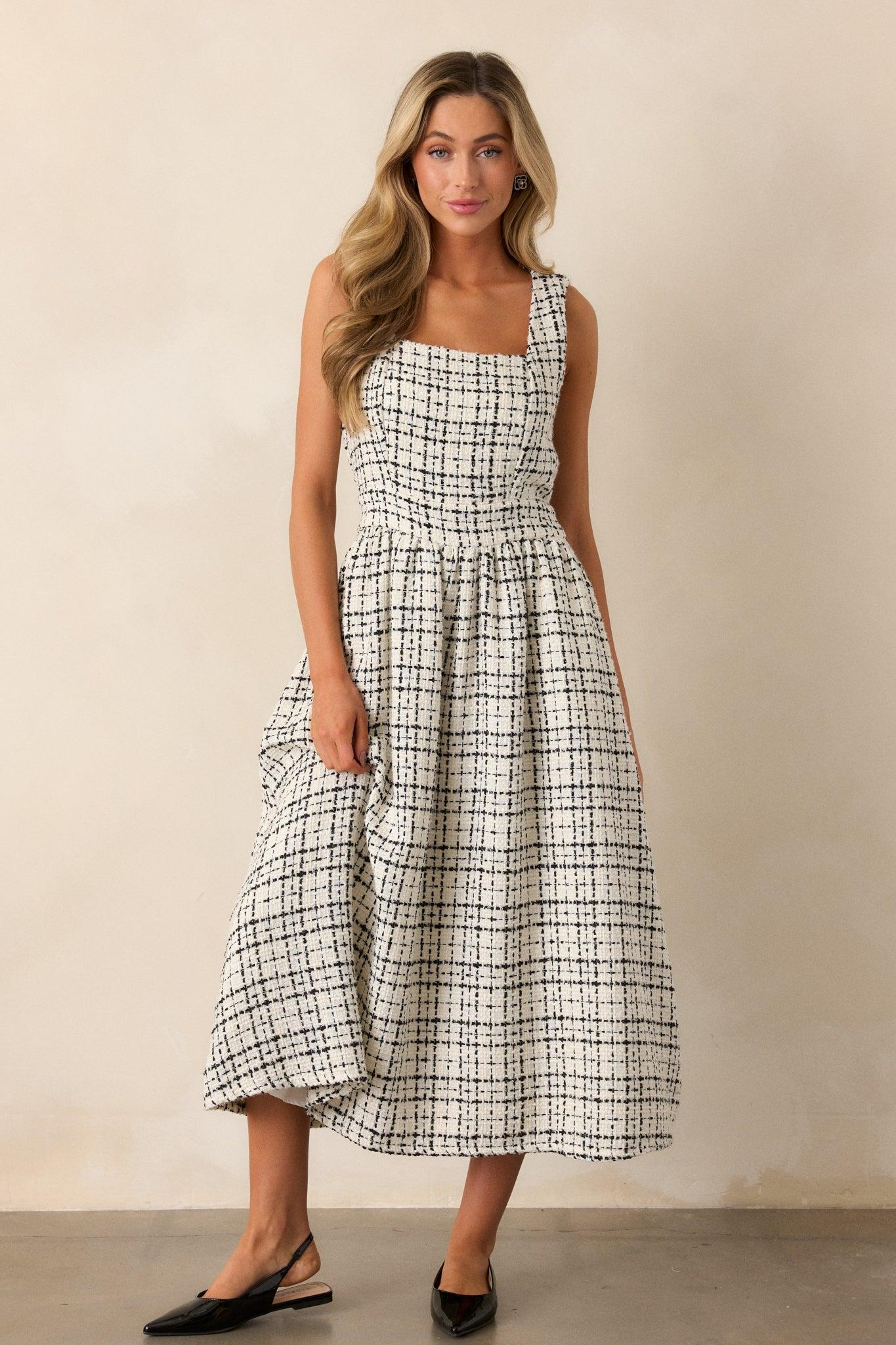 Runaway Hearts White & Black Tweed Midi Dress Product Image