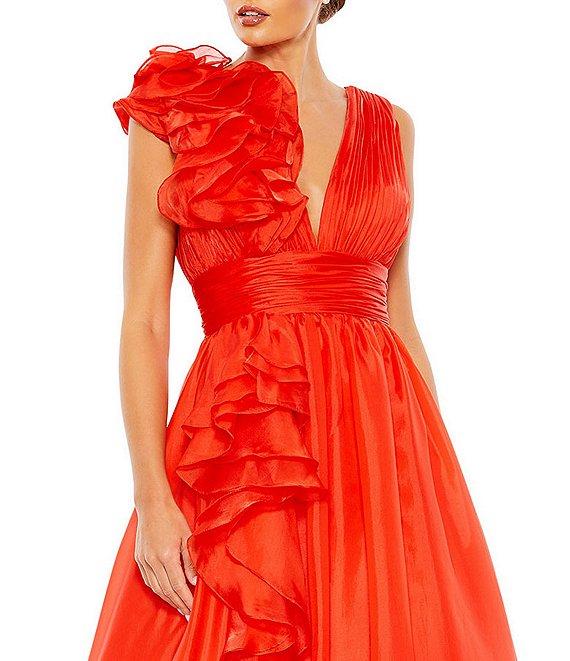 Mac Duggal Chiffon Deep V-Neck Sleeveless Ruffled Shoulder Ball Gown Product Image