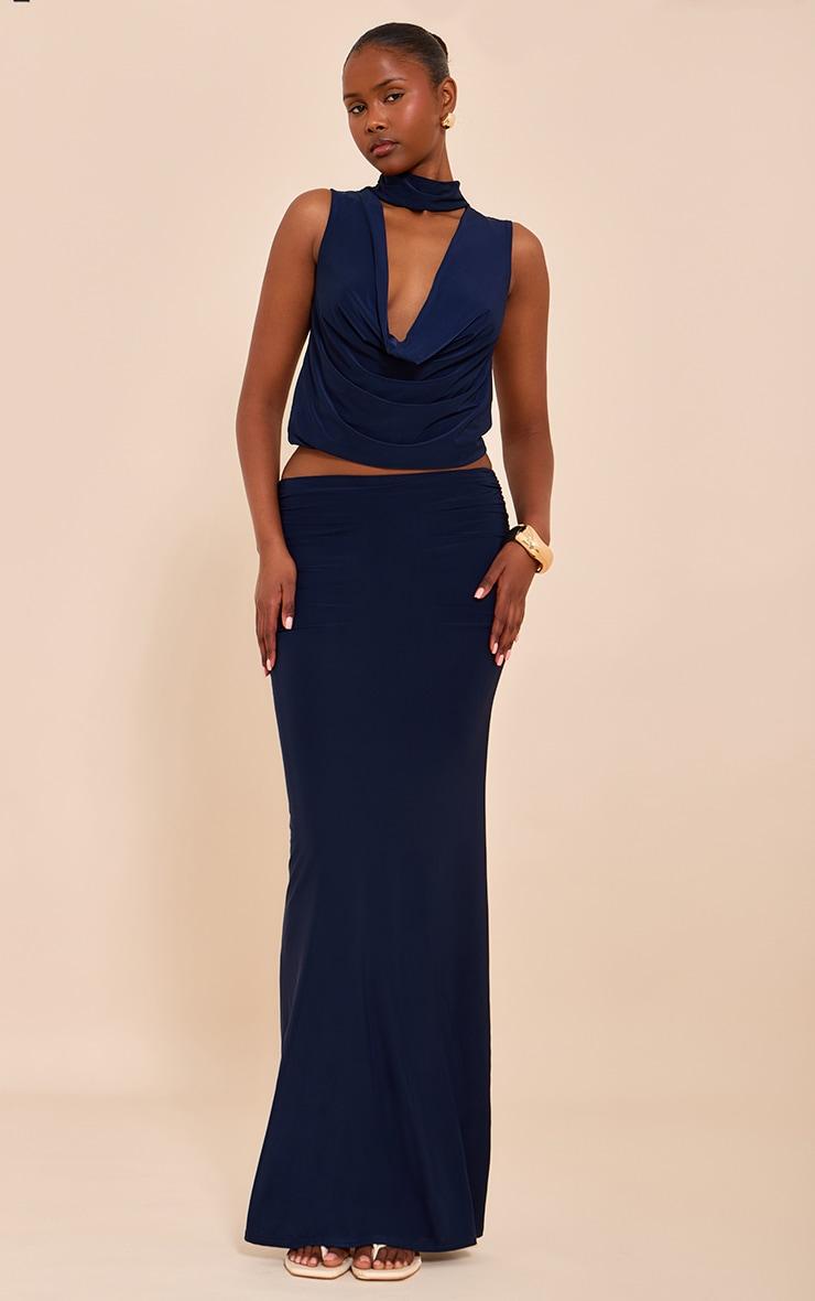 Navy Double Layer Slinky Plunge High Neck Long Top Product Image