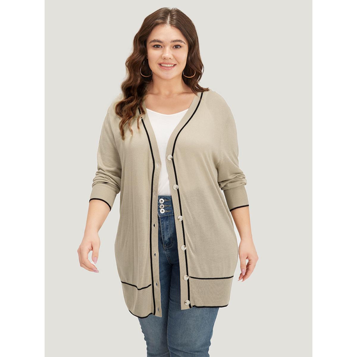 Plus Size Supersoft Essentials Contrast Trim Button Through Elastic Cuffs Cardigan Champagne Women Casual Loose Long Sleeve Dailywear Cardigans BloomChic 14-16/1X Product Image