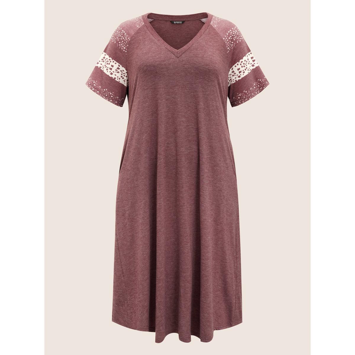 Plus Size Ditsy Floral Patchwork Raglan Sleeve Pocket Dress Russet Women Casual Non V-neck Short sleeve Curvy Midi Dress BloomChic 28/5X Product Image