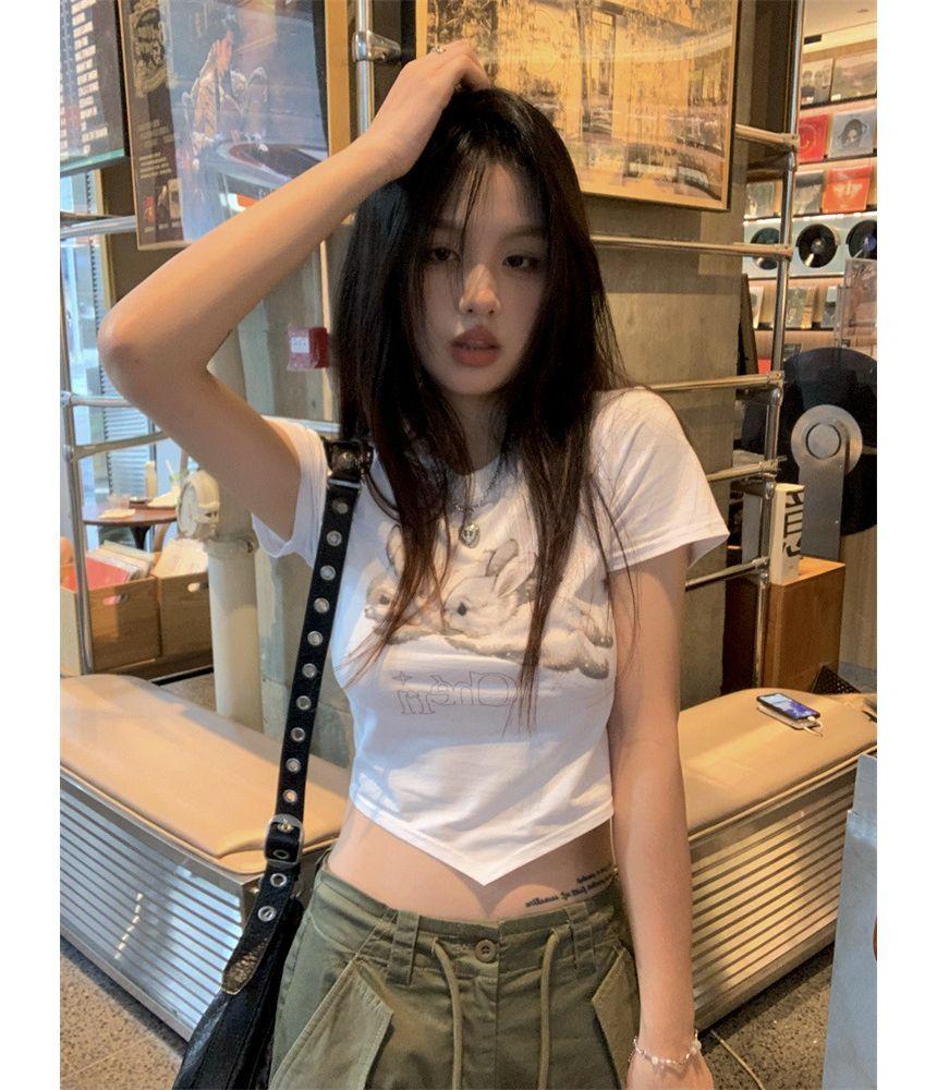 Short-Sleeve Rabbit Print Asymmetrical Cropped T-Shirt / Wide Leg Pants Product Image