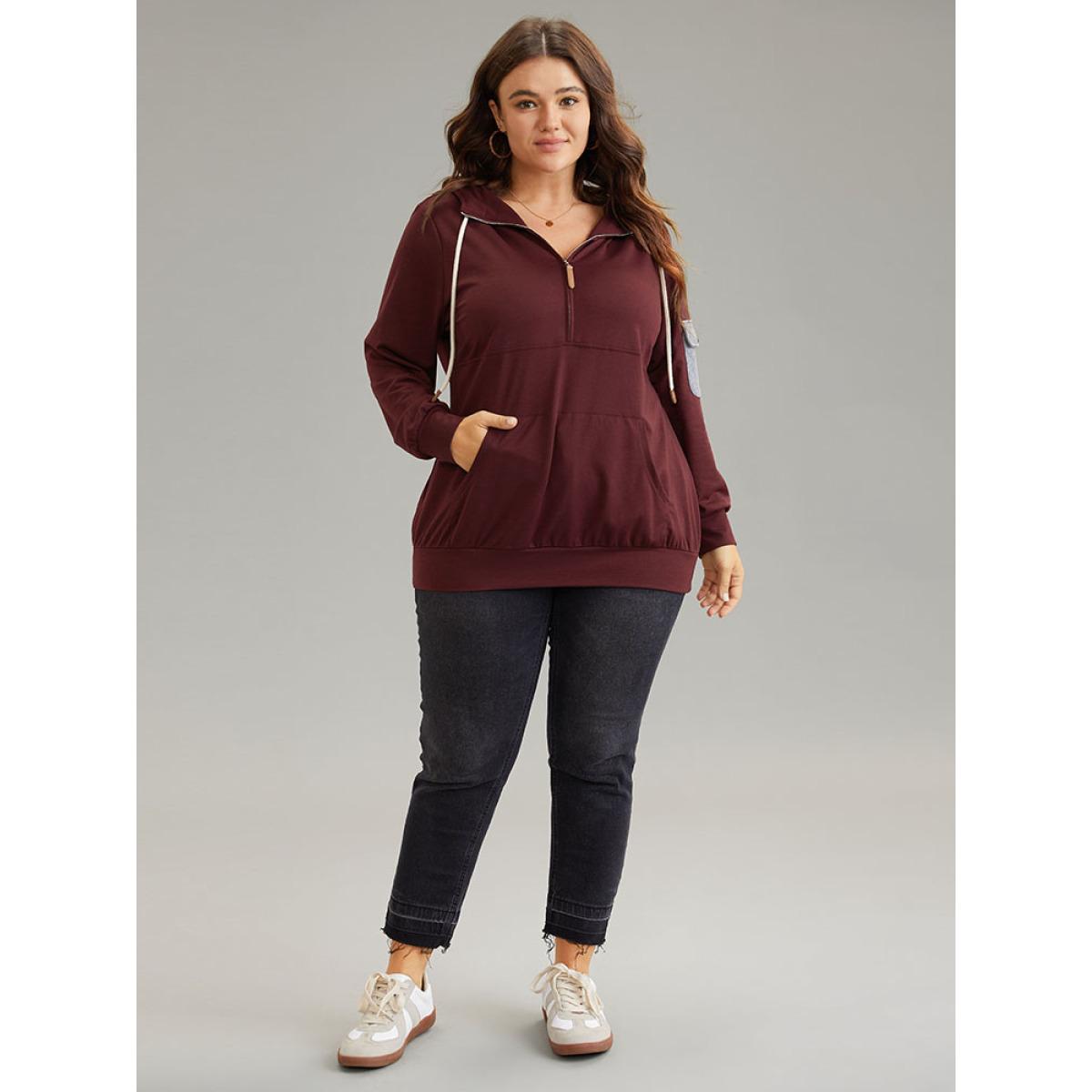 Plus Size Contrast Half Zip Patched Pocket Hooded Sweatshirt Women Burgundy Casual Contrast Hooded Dailywear Sweatshirts BloomChic 10/M Product Image