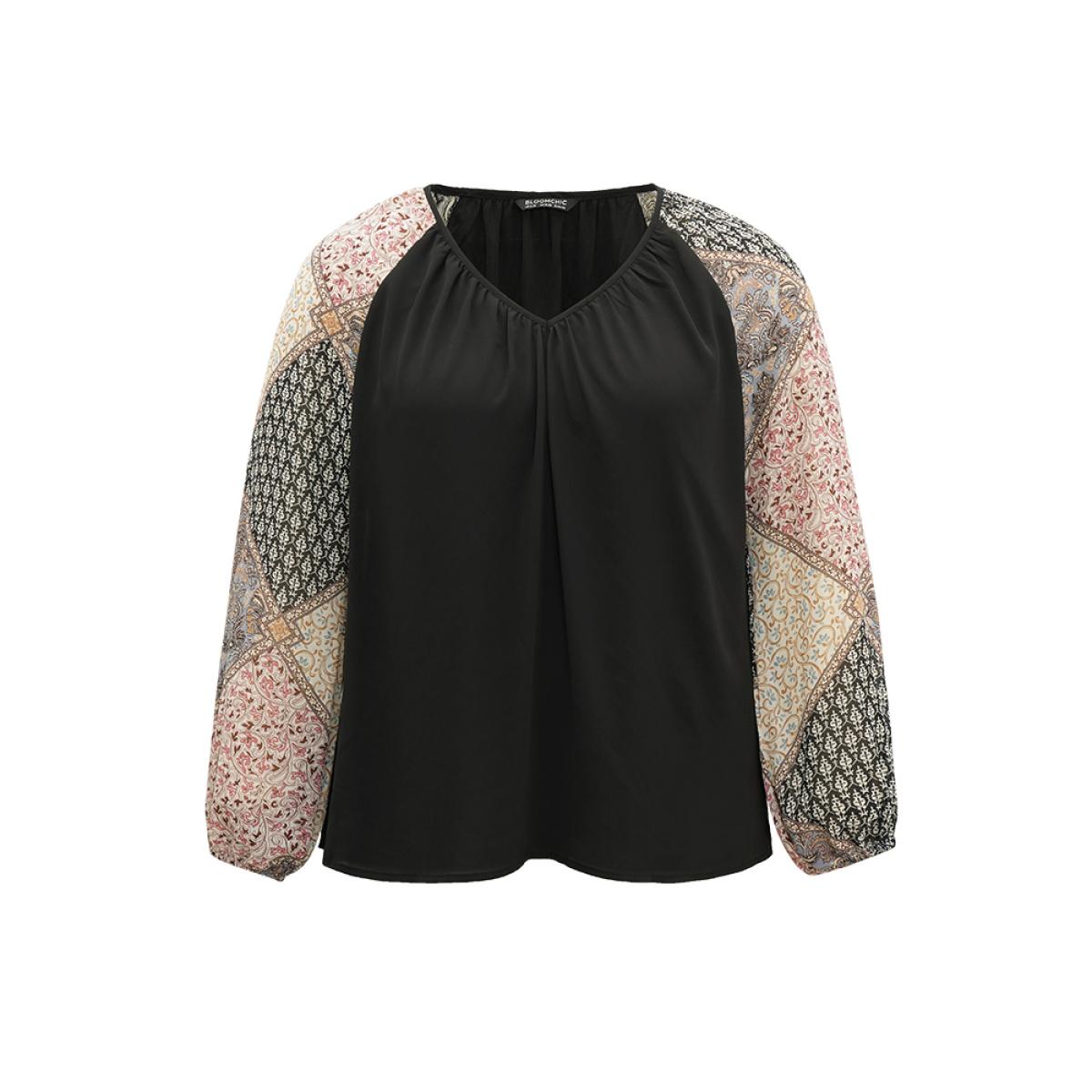 Plus Size Black Bandana Patchwork Twill Contrast Lantern Sleeve Blouse Women Elegant Long Sleeve V-neck Dailywear Blouses BloomChic 28/5X Product Image