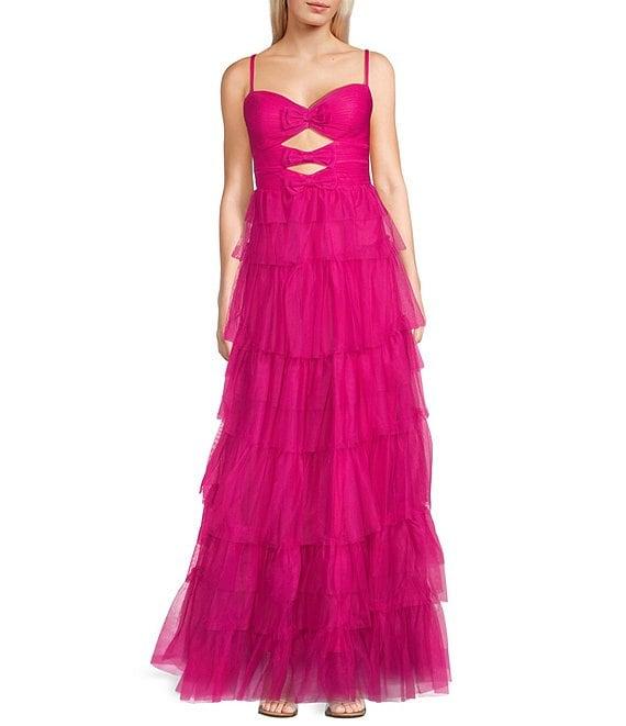 Blondie Nites Mesh Bow Cutout Sweetheart Neck Tie Back Tiered Ball Gown Product Image