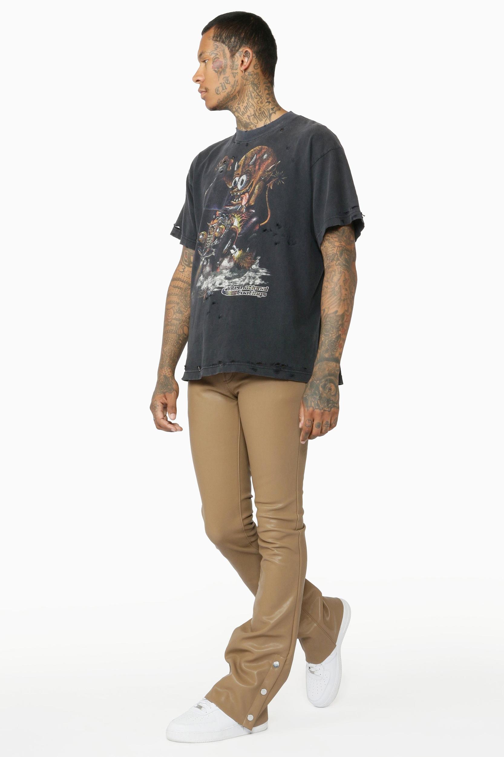 Ennis Beige PU Stacked Flare Jean Male Product Image