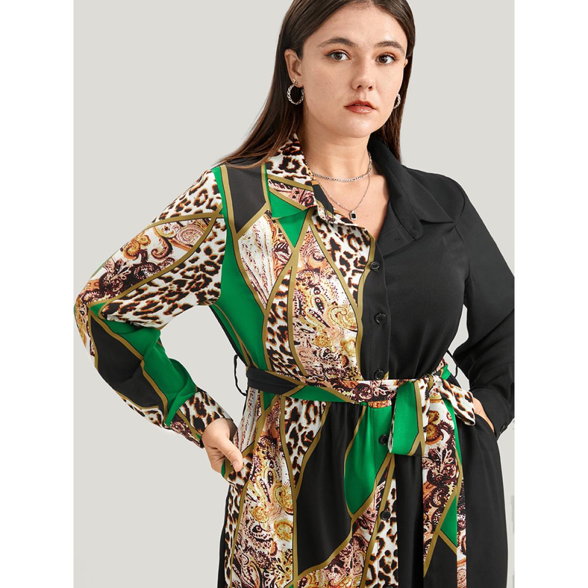 Plus Size Chain Print Shirt Collar Pocket Split Belted Button Up Dress Green Women Office Printed Shirt collar Curvy Midi Dress BloomChic 22-24/3X Product Image